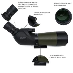Bird Watching Monocular Waterproof Spotting Scope 20-60X60 Bak4 For Hunter