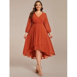 Plus Size Ruffled A-line Long Sleeve V-neck High Low Wedding Guest Burnt Orange