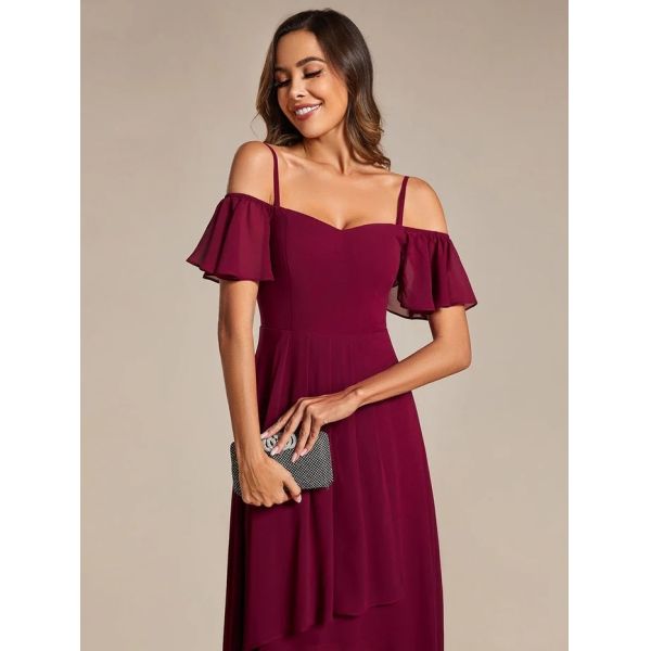 Empire Off-shoulder Spaghetti Strap Zipper High-low Wedding Guest Dresses Short Sleeves Burgundy Chiffon Evening Dress