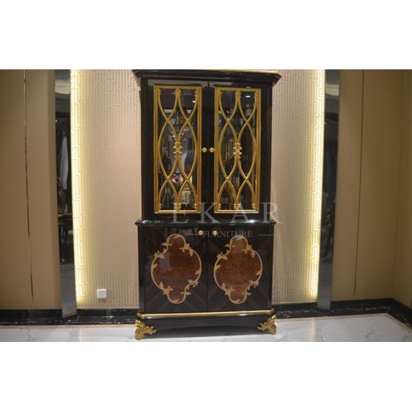 Living Room Antique Wood Furniture Glass Cabinet 2 Doors Golden Color TP-025B