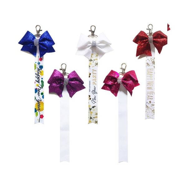 Buy Unique Personalized Gifts Pre-Tied Sublimation Blank Bowknot Keyring With Double Sided Printing Ribbon Lanyard DIY Colored Cute Bow Decoration at wholesale prices