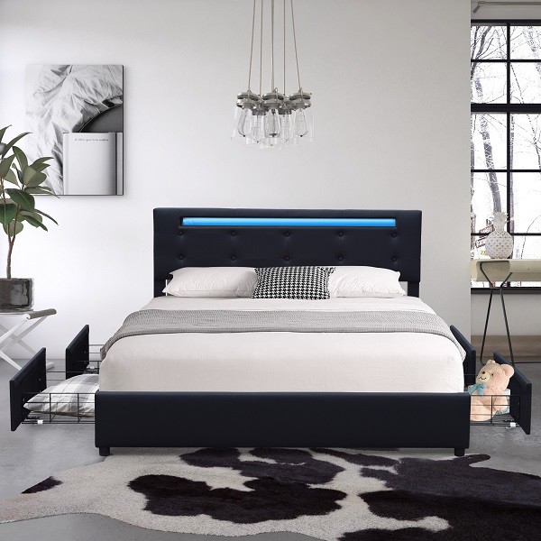 Queen Upholstered Platform Bed Frame Black Faux Leather Metal Four Drawer With LED Light