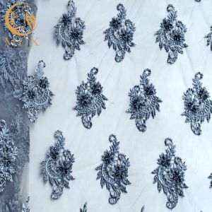 Stylish Customized Grey Lace Fabric Mesh Embroidered Beaded Bridal Fabric