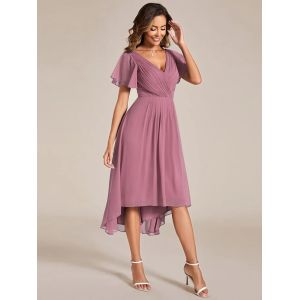 Chic V-neck High-low Short Flutter Sleeves A-line Ruffles Midi Invisible Zipper