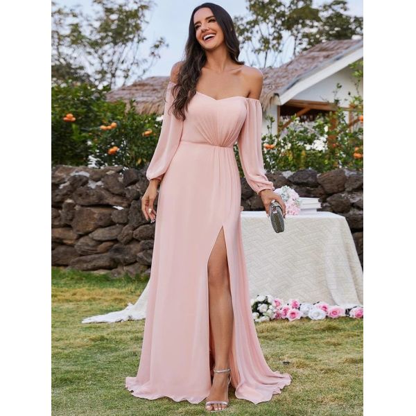 Plus Size Ruffled Long Sleeve High Slit Off-shoulder High Slit Pink Chiffon Bridesmaid Dresses