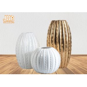 Round / Oval Fibreglass Plant Pots Glossy White Gold Leaf Finish Line Surface