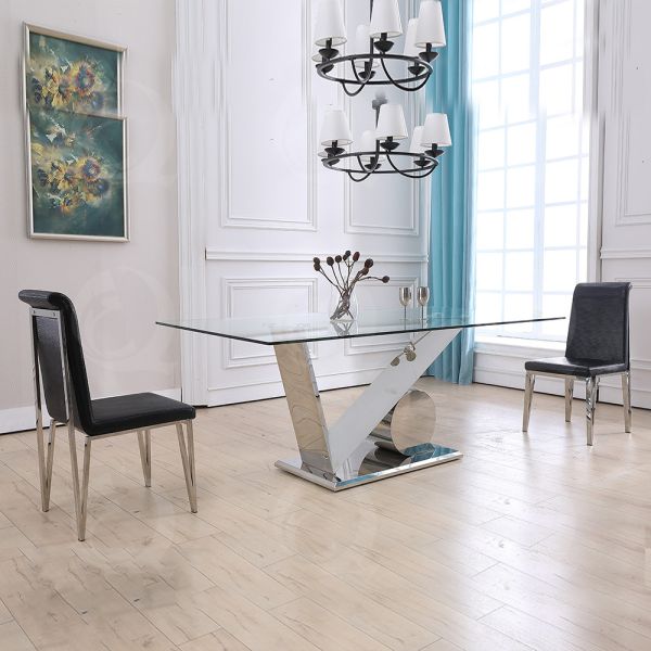 clear 0.4CBM Tempered Glass Dining Table V Shape SS201 Base For Restaurant