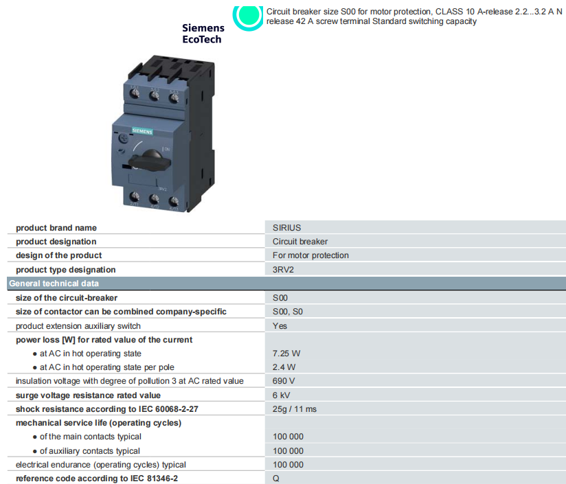 3RV2011-0JA10 Siemens SIMATIC Motor Protection Circuit Breaker 100% Original