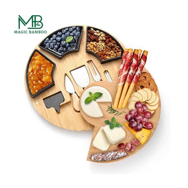 CE Approved Bamboo Cheese Board Plate Charcuterie Platter with Utensils Set