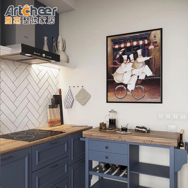 Modular Kitchen Cabinet Set With Gold Handles And Dark Blue Sectional Design In Plywood Material