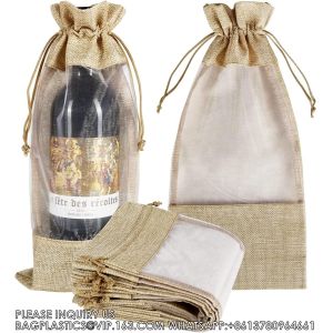 Burlap Wine Bags With Sheer Window, Hessian Cloth Bottle Gift Bags With
