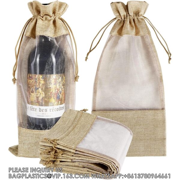 Buy Burlap Wine Bags With Sheer Window, Hessian Cloth Bottle Gift Bags With Drawstring For Christmas Holiday Wedding Party at wholesale prices