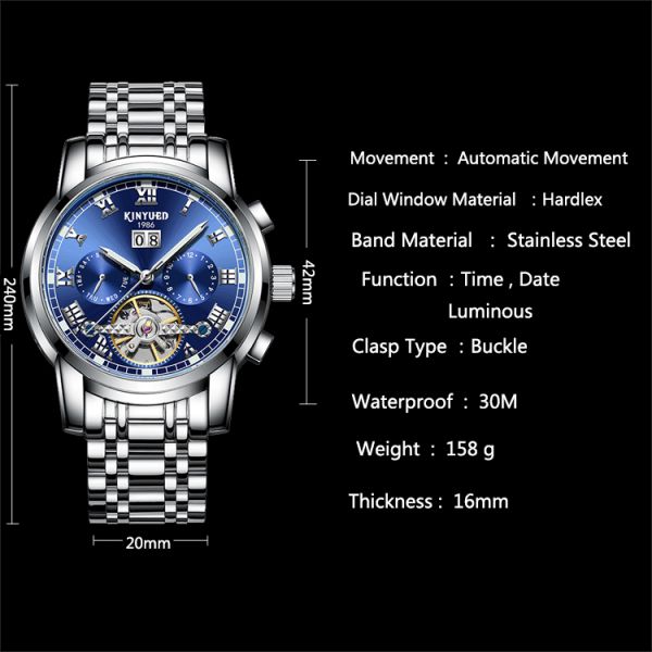 KINYUED High quality Tourbillon automatic mechanical movement stainless steel band waterproof Watch