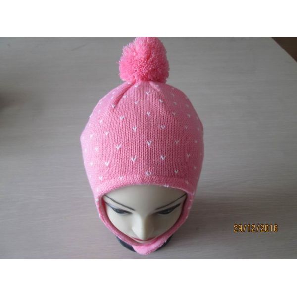 Children's ear flap/hat with pompom by 100% acrylic yarn with jacquard--fleece
