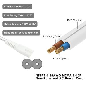 QIUCABLE TV Power Cord - 2Pack 10FT 2 Prong Non-Polarized Plug NEMA 1-15P to C7
