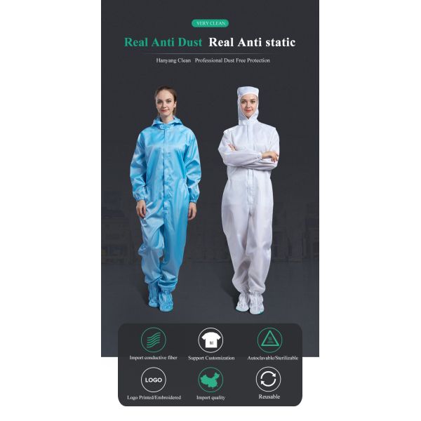 Anti-Static ESD Cleanroom Coverall with Adjustable Waist and Zipper Fasten for Surface Resistance 106-107Ohm