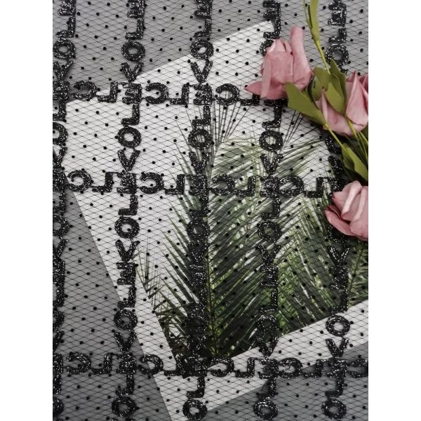 Buy Black Flocked Glitter Tulle Lurex Embroidery Metallic Lace Fabric at wholesale prices
