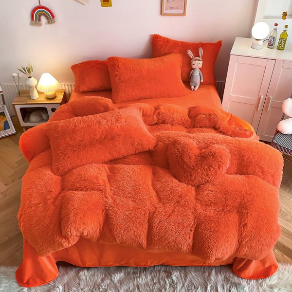 Buy Bright Orange Luxury Shaggy Warm Mink Velvet Crystal Bedding Set for 1.8m 6 feet Beds at wholesale prices