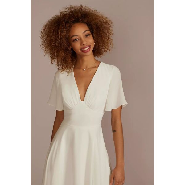 Timeless Zipper Flutter Short Sleeve Empire V-neck Open Keyhole Back A-line White Chiffon Midi-length Wedding Dress