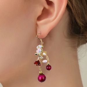 10MM 8MM Rose Red Tiger Eye Crystal And White Pearl With Rose Flower Dangle Long