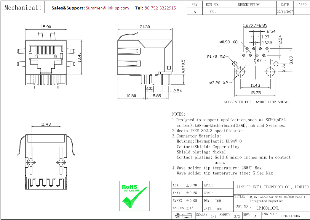 J00-0061NL Magnetic RJ45 Jack LPJ0011CNL Tap-down 21.3mm No LEDs Serial Servers