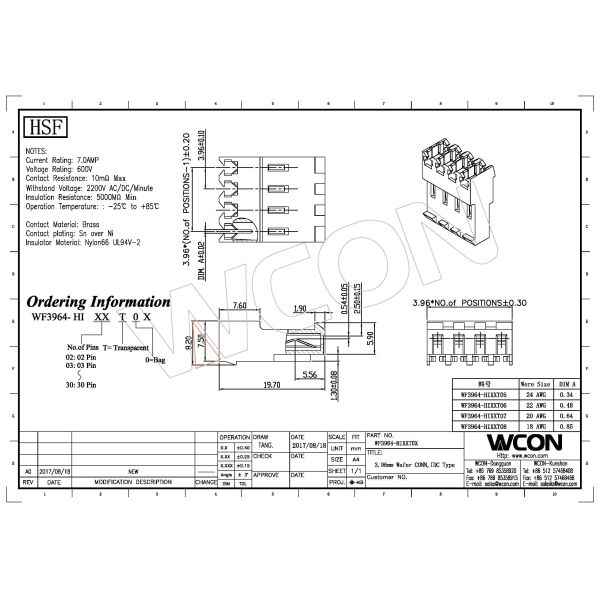 4P Crimping Type T"TYPE 3.96MM WAFER Wire To Board Connector Without Cut PA66 ROHS