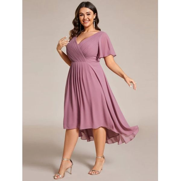Empire Plus Size V-neck High-low A-line Short Sleeve Ruffled Lavender Chiffon Wedding Guest Party Dress