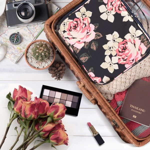 Women Nylon Cute Cosmetic Organizer Bag With Make Up Tools Toiletry Peony Printed