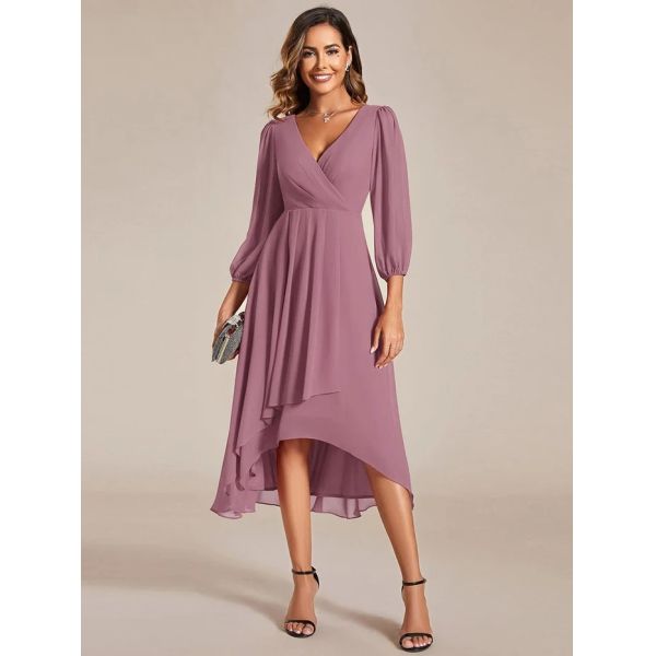 Ruffled A-line Long Sleeve V-neck High-low Wedding Guest Purple Orchid Chiffon Bridesmaid Dress