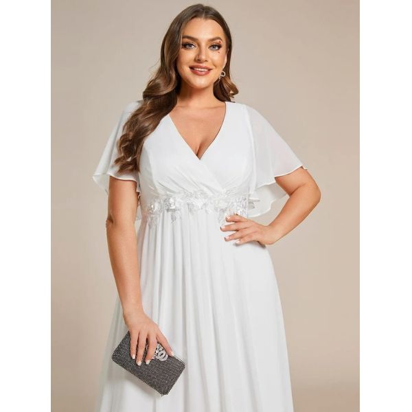 Empire Plus Size Applique Short Sleeve A-line V-neck Flutter Sleeves Invisible Zipper Cream Chiffon Prom Dress