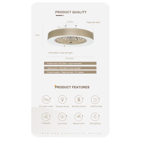 5 PC Blades Indoor Dimmable LED Ceiling Fan With Remote Control Switch