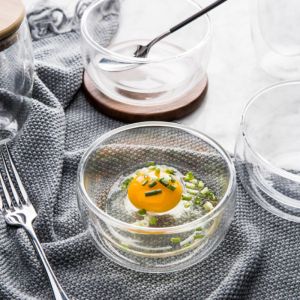 SGS Double Clear Glass Salad Bowls Disc Shaped customized printing