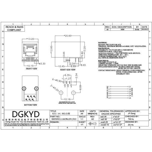 5921 Full Plastic Without Light RJ11 Cable Connector 6P6C With Stiffener