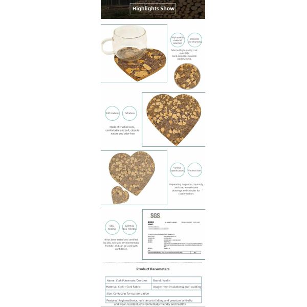 Heart-Shaped Cork Coasters Placemat with Cork Fabric High resilience