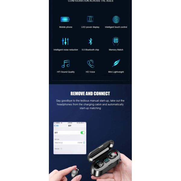 Bluetooth V5.0 Earphone Wireless 8d Surround Stereo HiFi Sound Sport Headphones Wireless Earbuds (with 2000 mAh Power Charging Case, For iPhone Xiaomi)