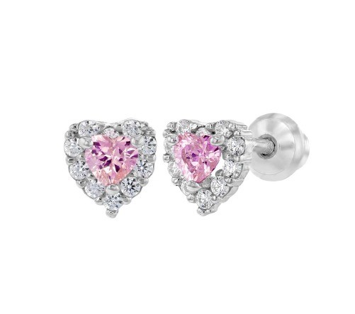 Rose Gold Plated Heart Pink CZ Screw Back Stud Earrings for Kids in 925 Sterling