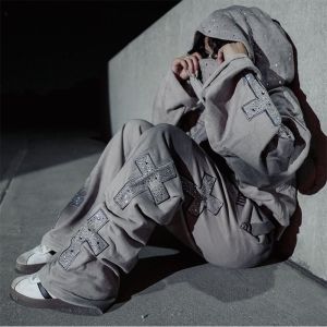 Custom Rhinestone Sweat Suit Pullover Distressed Masked Embroidered Patch