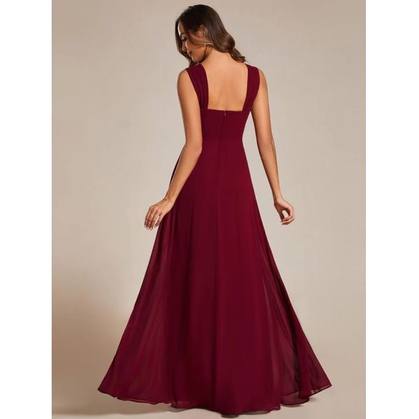 Empire High-waisted Sleeveless Cap Sleeve Square Neck Invisible Zipper Burgundy Chiffon Party Dress