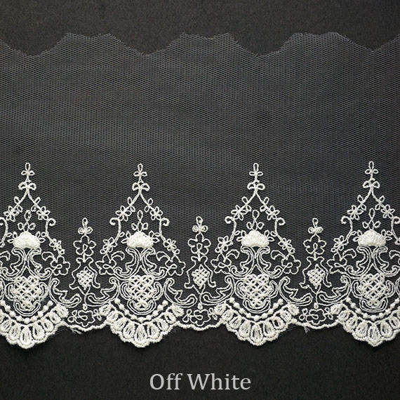 Embroidered Cotton Mesh Nylon Tulle Bridal Lace Trim , 5.2 Inch Scalloped Lace Trim
