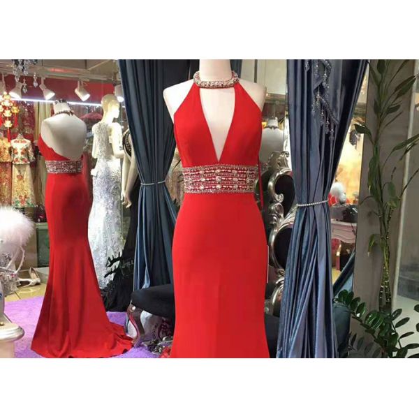 Hanging Neck Red Mermaid Style Prom Dress Top Beading Deep V Neck Backless