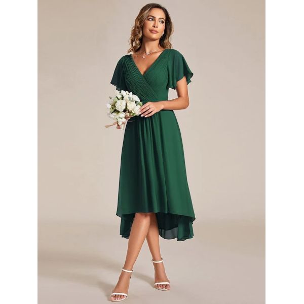 Chic V-neck High-low Short Flutter Sleeves A-line Ruffles Midi Invisible Zipper Dark Green Chiffon Homecoming Dress