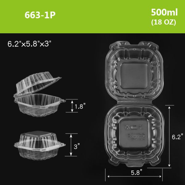 PP Hinged Lid Clamshell Container Microwavable 5.8”x6.2”x3”