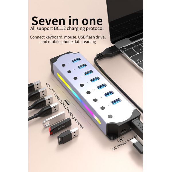 Customized Logo Accepted Speed USB 3.0 Hub with 7 Ports and Aluminum Alloy Design