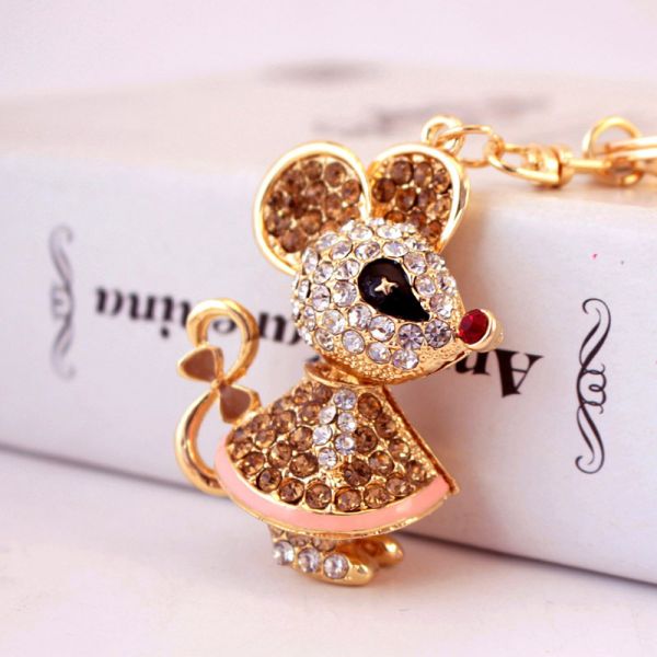 Metal Year Of The Rat Keychain 6cmx3.6cm Size Rhinestone Material