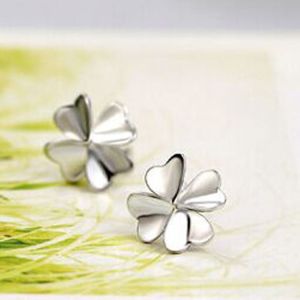 Fashion 925 Silver Plated Good Luck Four Feaf Clover Flower Stud Earrings