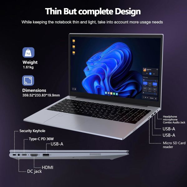 N100 3.4Ghz Traditional Laptop Computers 15.6" IPS FHD Aluminum Body Windows11 Pro WIFI BT5.0 HDMI