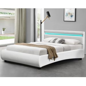 China White Faux Leather Upholstered Bed Modern Deisgn With LED Headboard on sale