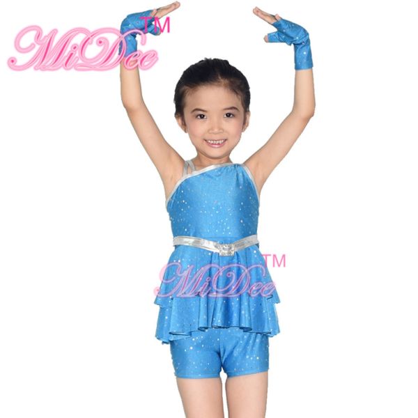 Diagonal Neck Kids Dance Costumes Pink Blue Red Confetti Spandex Outfits