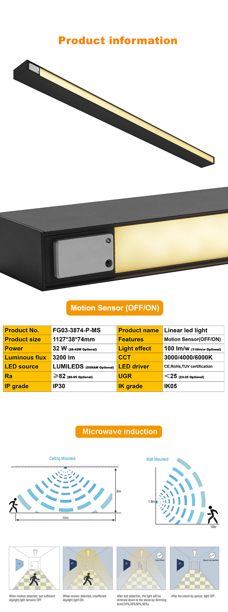 36W 100lm/W Microwave Motion Sensor Suspended Light Fixture IK05