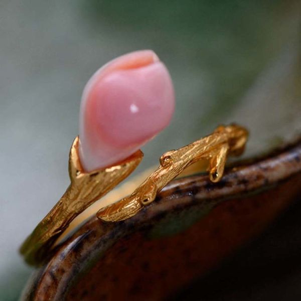 Women Sterling Silver Natural Pink Shell Tulip Gold Plated Ring Open Adjustable Size (058736)